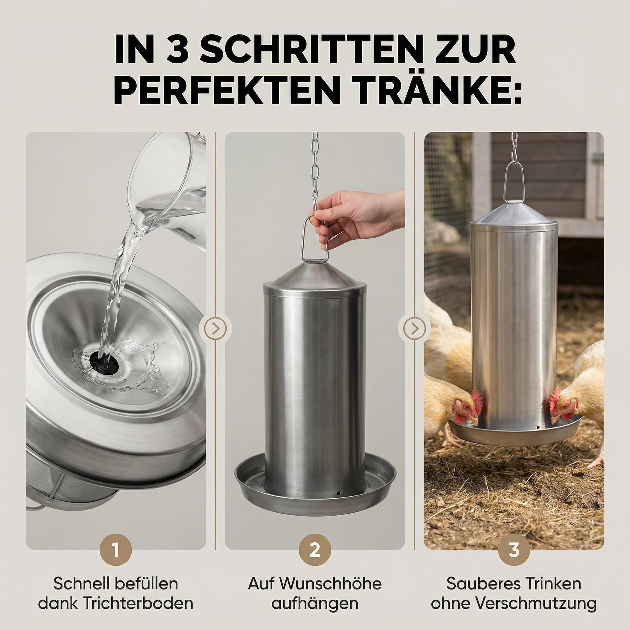 Bebedero para pollos de acero inoxidable, 2 l, bebedero para aves de corral para gallinas | Para codornices y patos, colgantes o de pie, resistente a los rayos UV, a las heladas, fácil de limpiar, fabricado en la UE