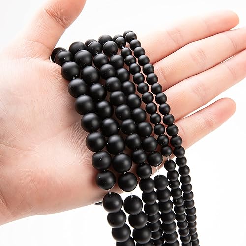 Cuentas de piedra negra esmerilada natural para hacer joyas, cuentas bohemias redondas a granel para hacer pulseras (cuentas negras escarchadas,