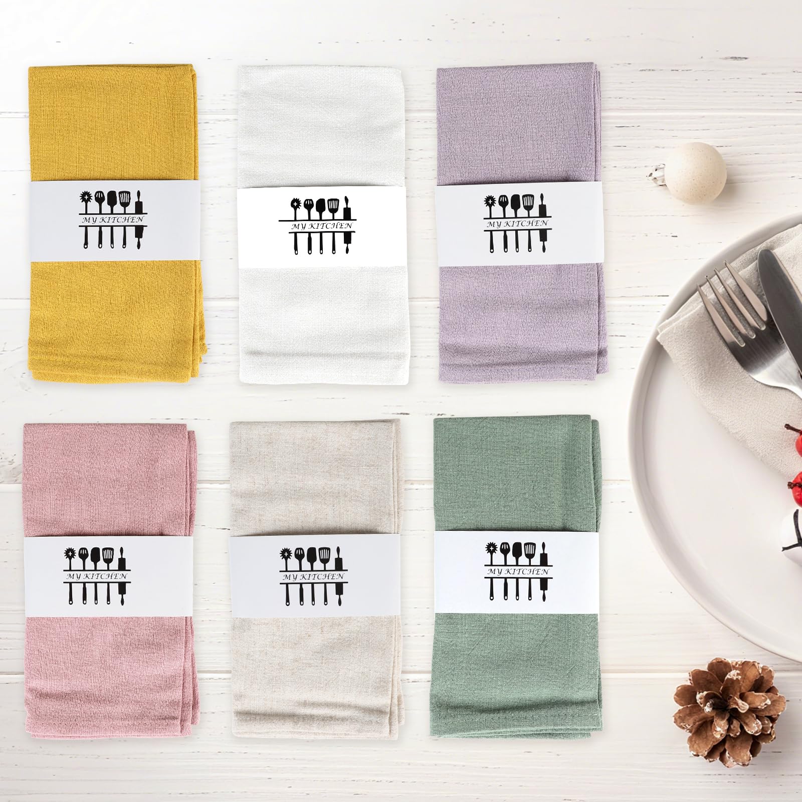 Set da 6 tovaglioli in lino, Tovaglioli riutilizzabili in tessuto, Lavabili in cotone 40x40 cm per eventi e uso domestico (malva chiaro, beige, bianco, senape, rosa cipria, verde pisello)
