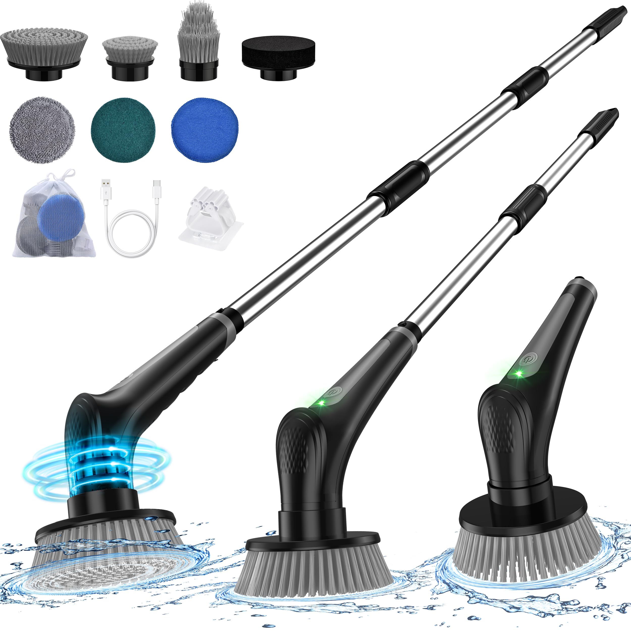 Sweepulire Electric Spin Scrubber RE1, 2024 New Full-Body IPX8 Waterproof Cleaning Brush with 7 Replaceable Brush Heads, 2 Speeds Shower Scrubber with Adjustable Handle for Bathtub Tile Floor Kitchen