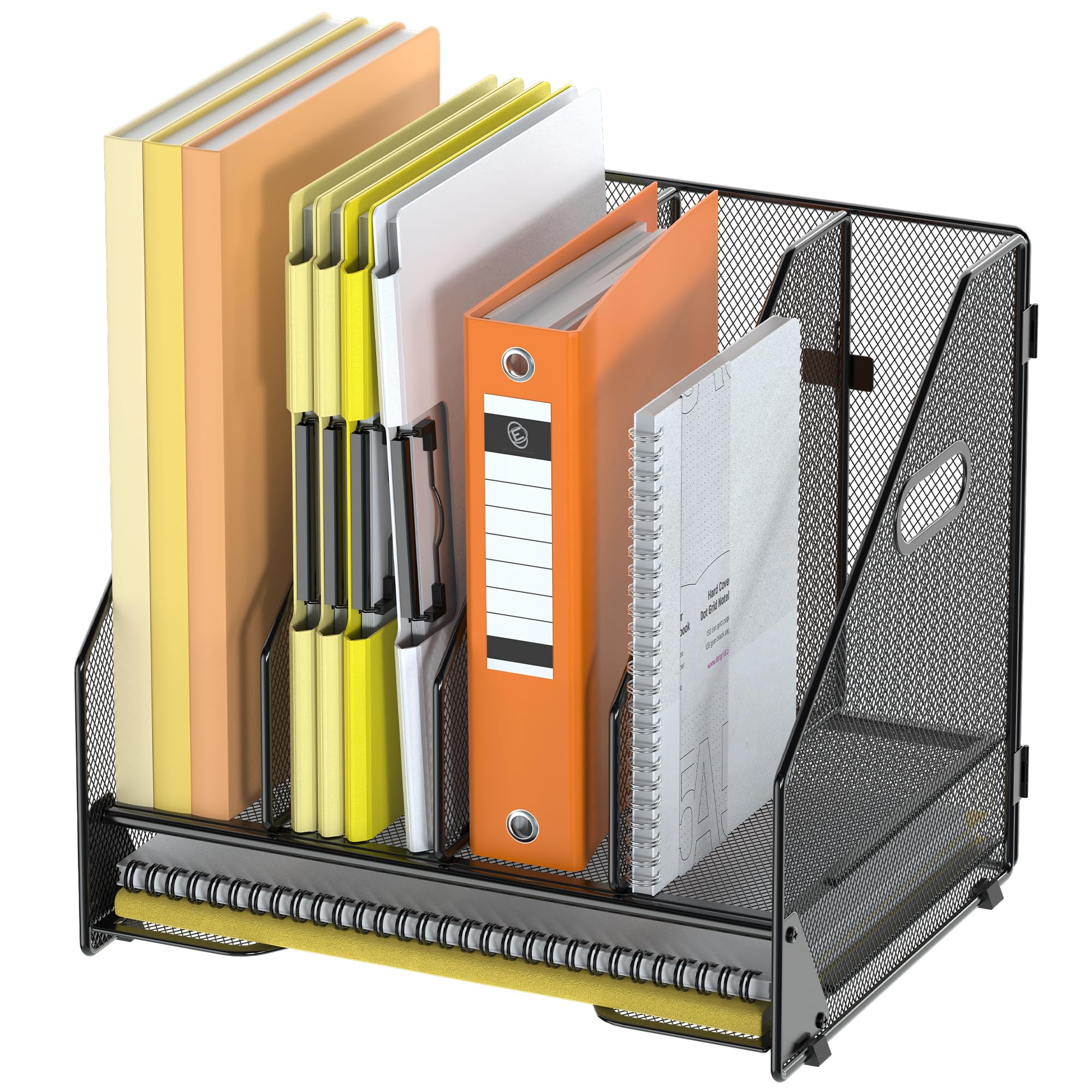 Docnest Sorter na dokumenty, 4 pionowe przegródki z tacą na listy, siatkowy uchwyt na dokumenty z uchwytem, organizery przestrzeni roboczej, organizery na biurko, na papier, pocztę, dokumenty, czarny
