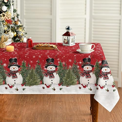 Horaldaily Mantel de Navidad de 60 x 140 pulgadas, diseño de árboles de muñeco de nieve de invierno, color rojo, lavable, para fiesta, pícnic,