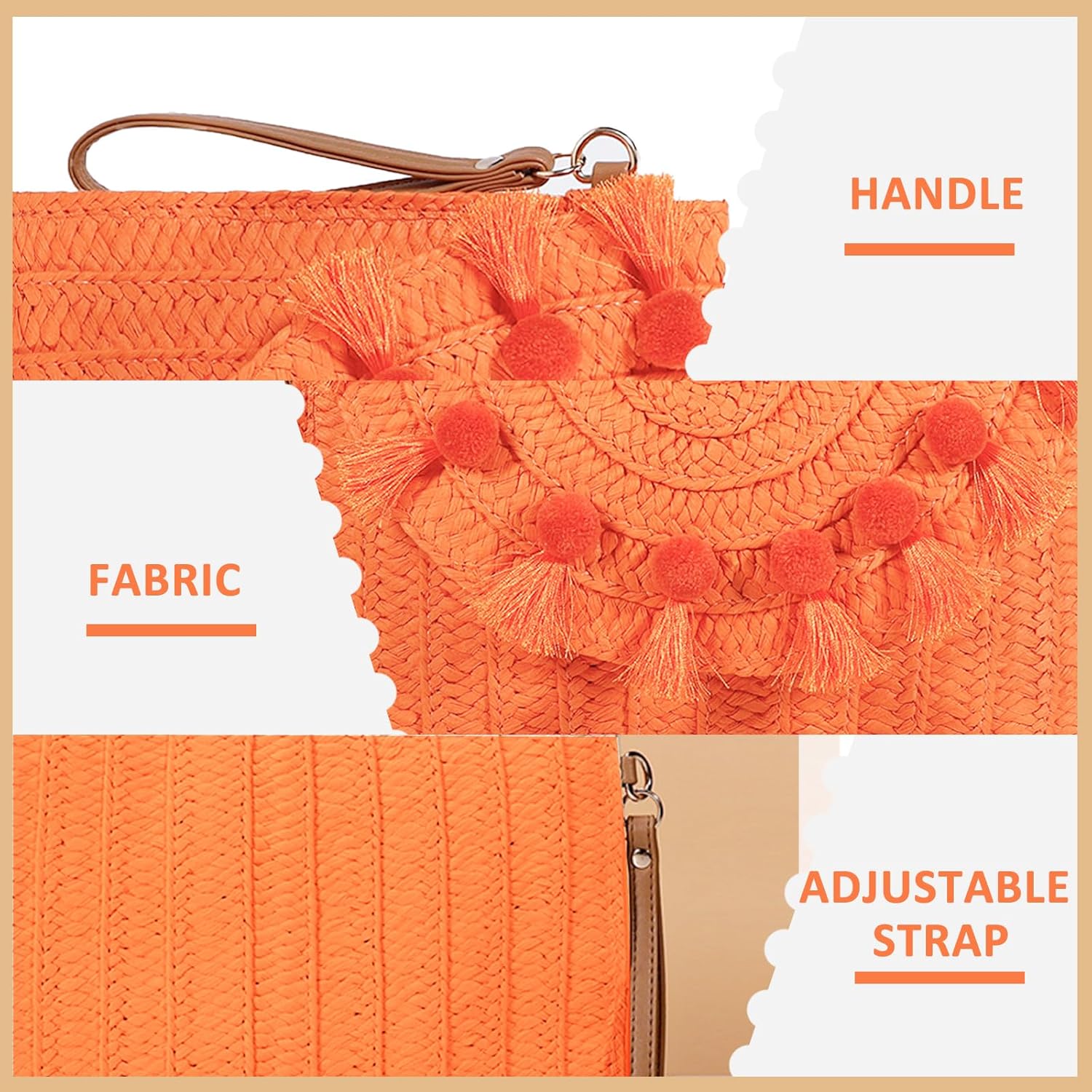 Straw Crossbody Bag for Women, Clutch Purses, Bohemian Handmade Woven Handbags, Tassels Summer Beach Bag, Envelope Wallet (Orange)