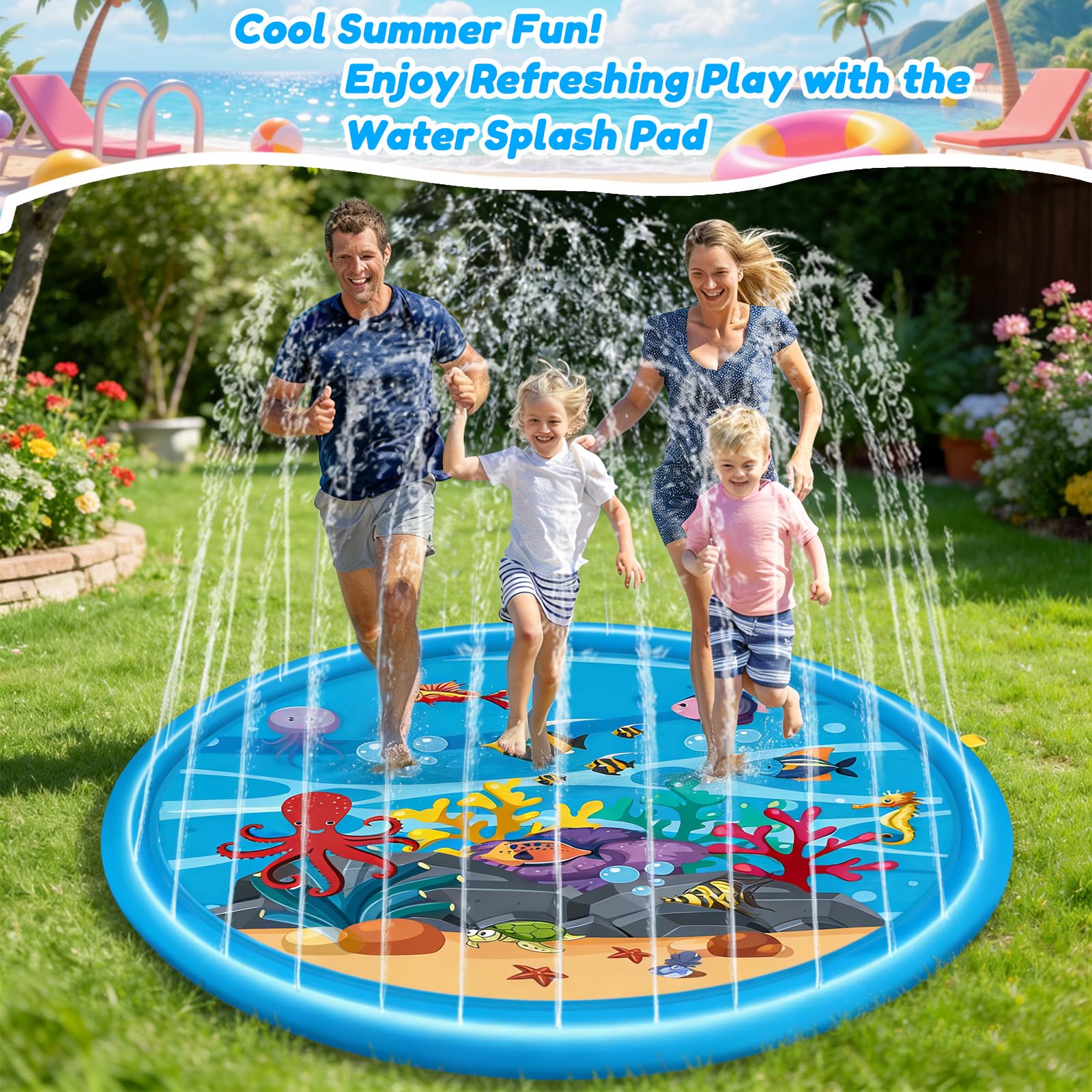 170CM Tapis d'eau, Tapis de Jeu d'eau, Jouet Aquatique d'Été, Jeu d'eau Extérieur pour Enfants et Animaux de Compagnie, Adapté pour Les Activités Extérieures, Les Fêtes à La Plage et Les Jardins