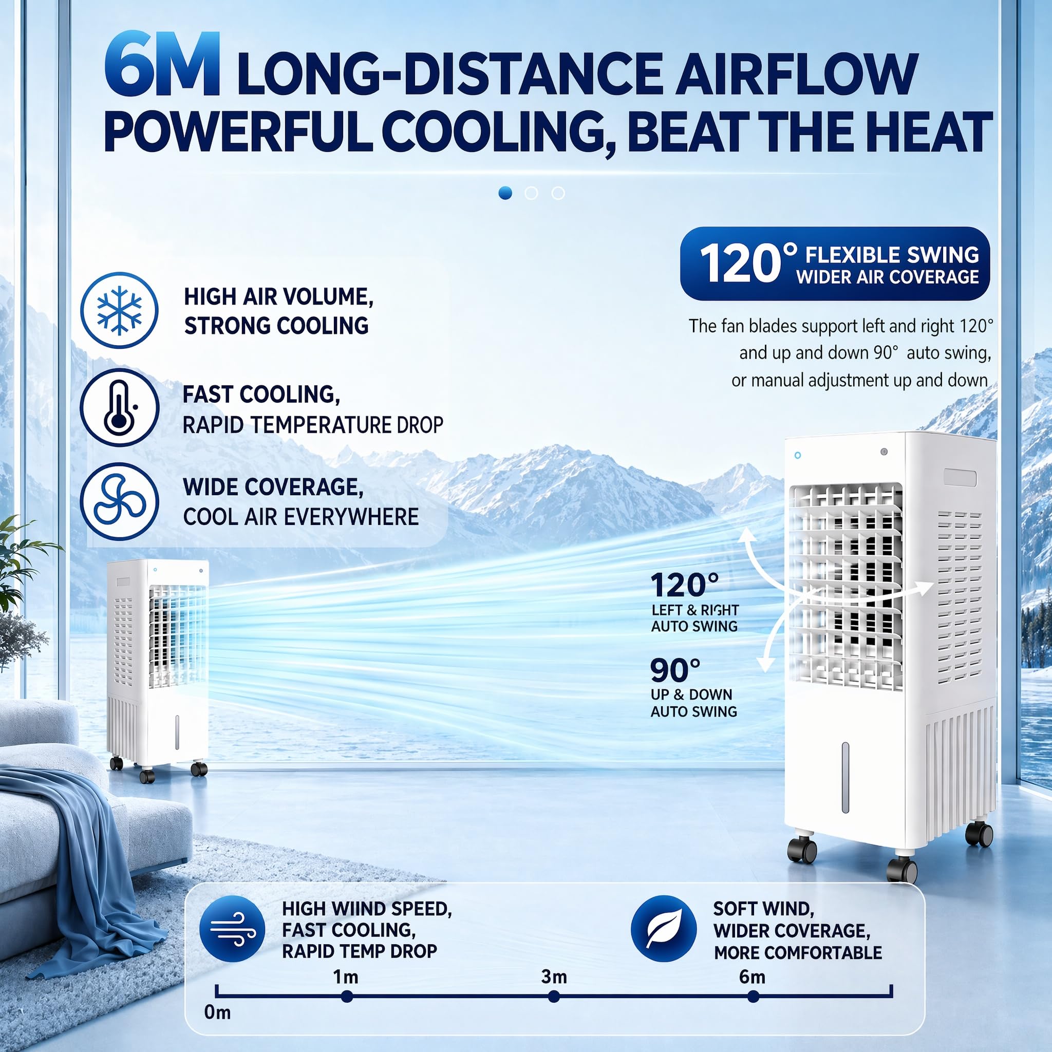 4 in 1 Tragbare Klimaanlage Verdunstungskühler/verdunstungskühler mit 12L Wassertank, 3 Geschwindigkeits-Fernbedienung, 90°-120° Oszillation, 7.5H Timer für Innenraum, Schlafzimmer (White 12L)