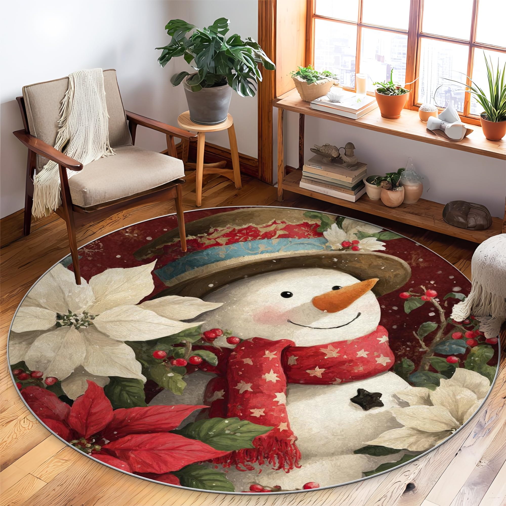 Tapis bonhomme de neige rond doux 1,5x1,5m | Tapis de salon anti-taches chambre