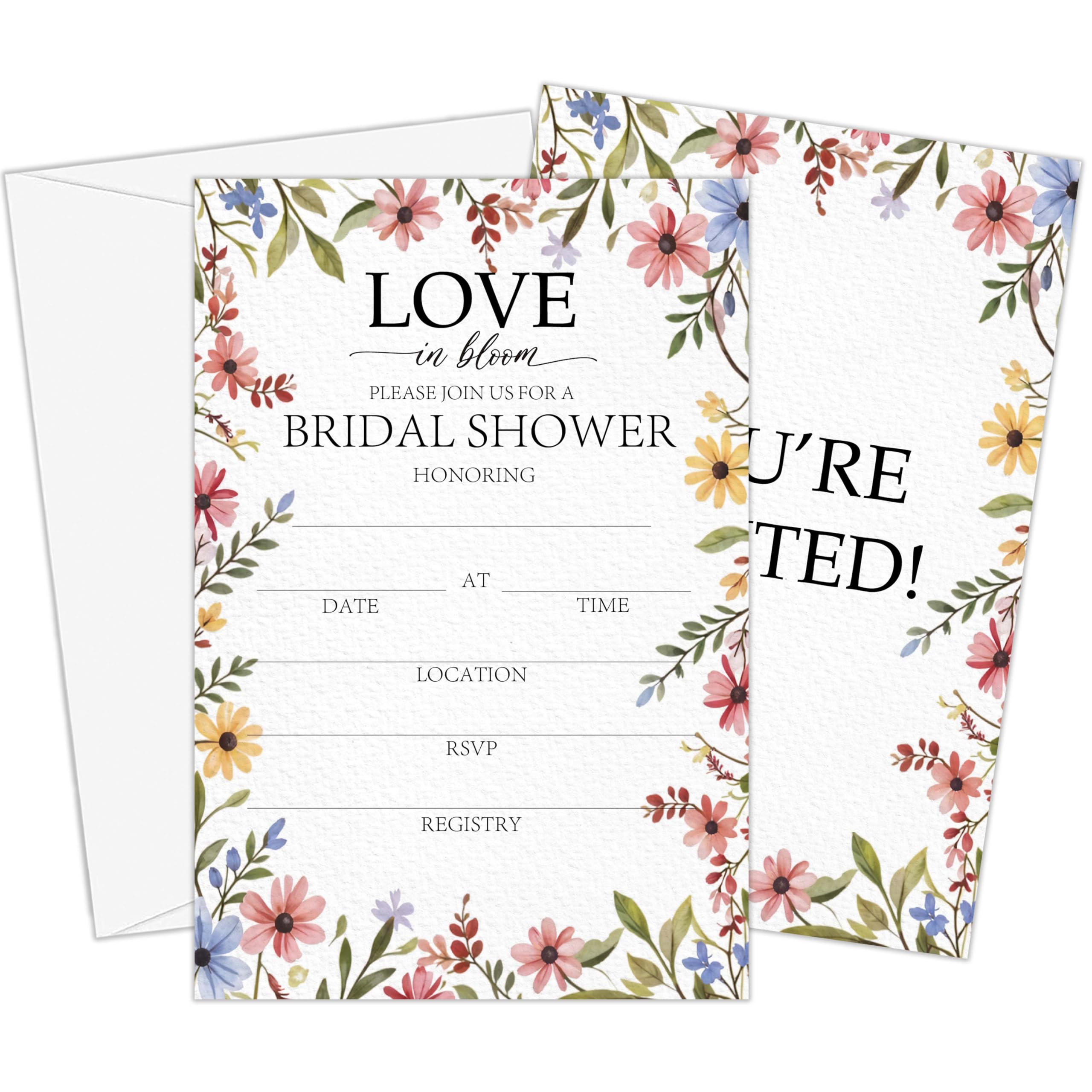 GOLRMC Love in Bloom Bridal Shower Invitations, Spring Wildflowers Floral Bridal Shower Invites, 4x6 Set of 25 Wedding Invitations with Envelopes-A01