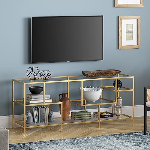 Deveraux Rectangular TV Stand with Glass Shelves for TV's up to 65" in Brass