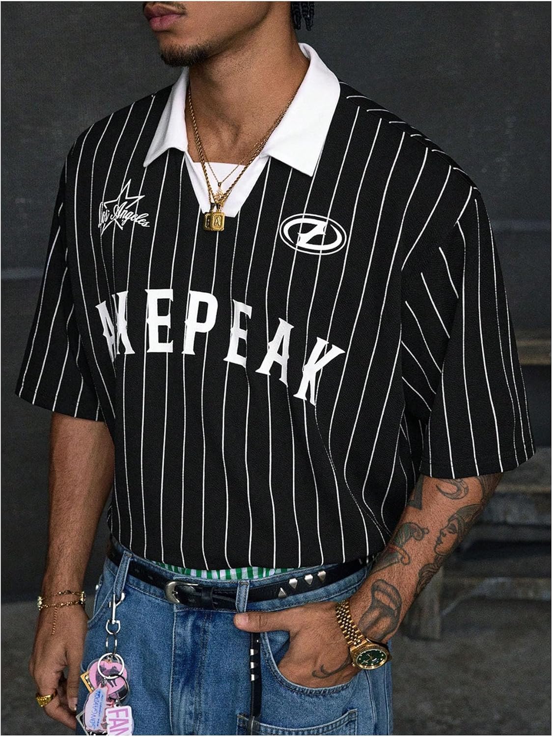 GORGLITTER Men's Cropped Shirt Jersey Letter Graphic Striped Short Sleeve Collared Y2K Boxy Streetwear Tee Top - Image 2