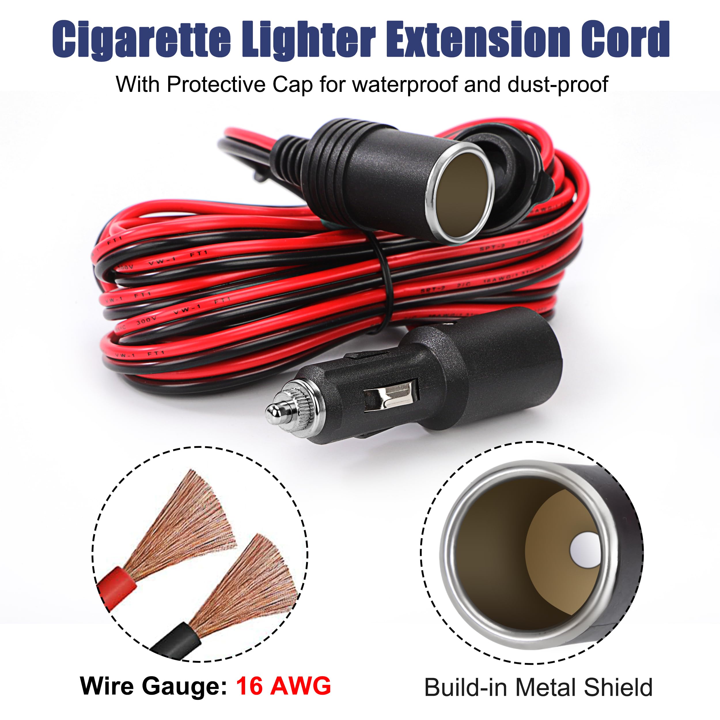 Przedłużacz samochodowy 12 V do gniazda zapalniczki samochodowej, 4 m, przedłużacz, wtyczka 16 AWG, kabel z przełącznikiem i bezpiecznikiem 15 A, adapter 12 V/24 V