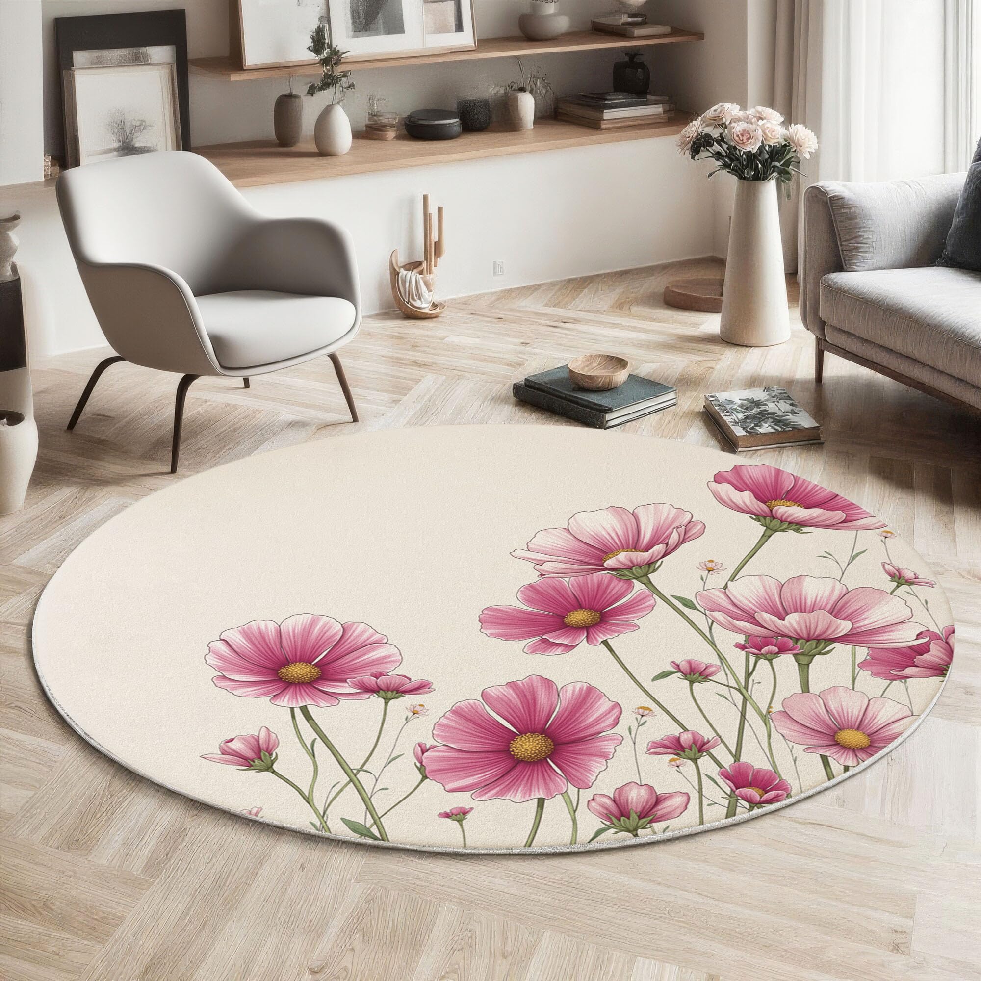 Tapis rond lavable et antidérapant style dessin au trait rose cosmos 160cm confort salon