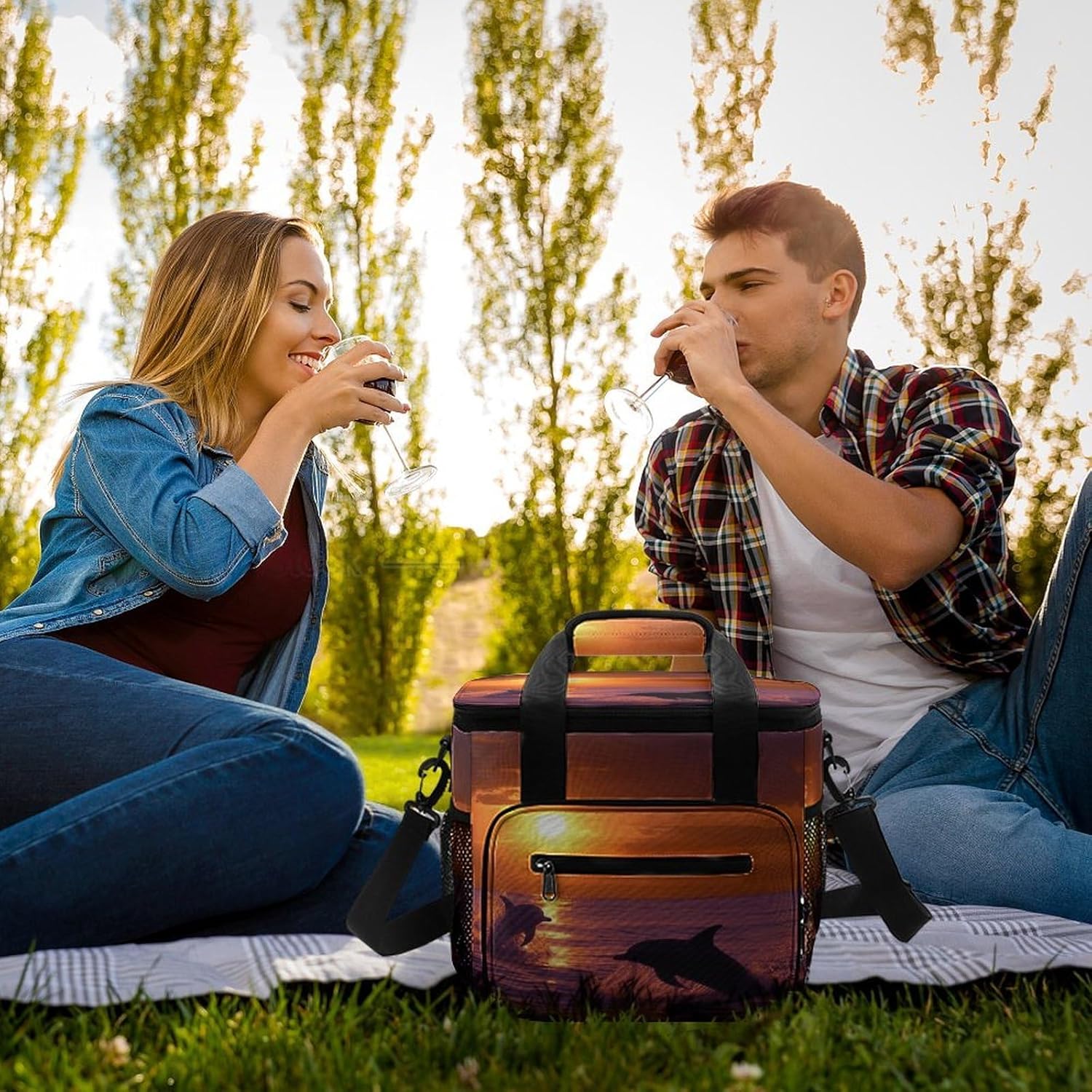 Sunset Dolphins Cooler Bag Portable Insulated Lunch Bags Leakproof Ice Chest Large Capacity Soft Cooler Tote for Picnic Camping Work Travel Keep Food Drinks Fresh 22.5L