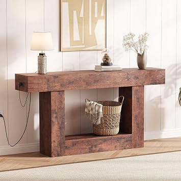 63" Entryway Table, 2 Tier Narrow Long Console Table with Storage & Charging Station, Sofa Table Farmhouse Wood Behind Couch Table for Entrance, Foyer, Hallway, Living Room, Couch, Brown & Grey