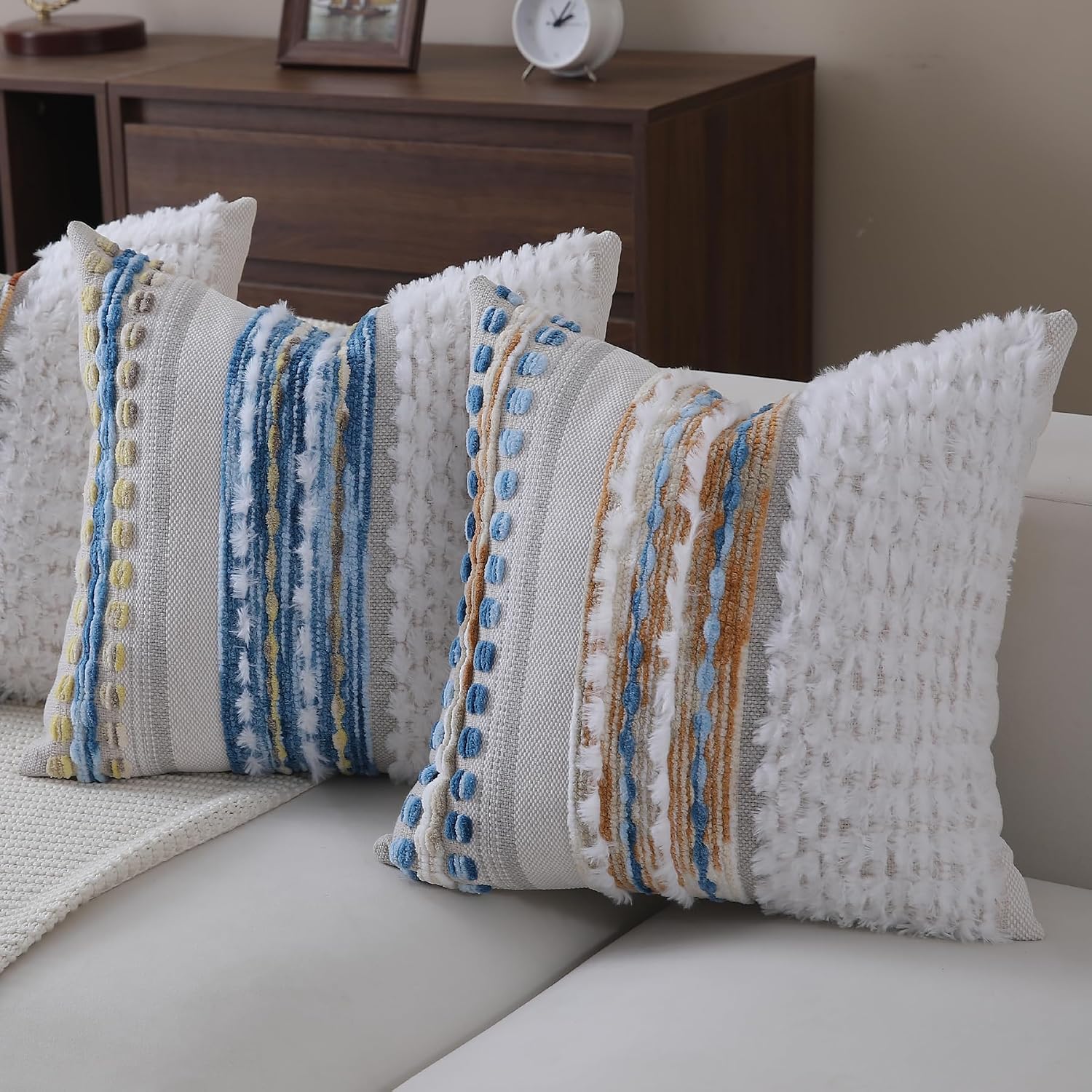 Boho Throw pillow covers 18x18 set of 2 farmhouse decorative Couch pillow covers neutral Accent throw pillows covers striped outdoor cushion covers square textured chenille pillow cases for sofa bed