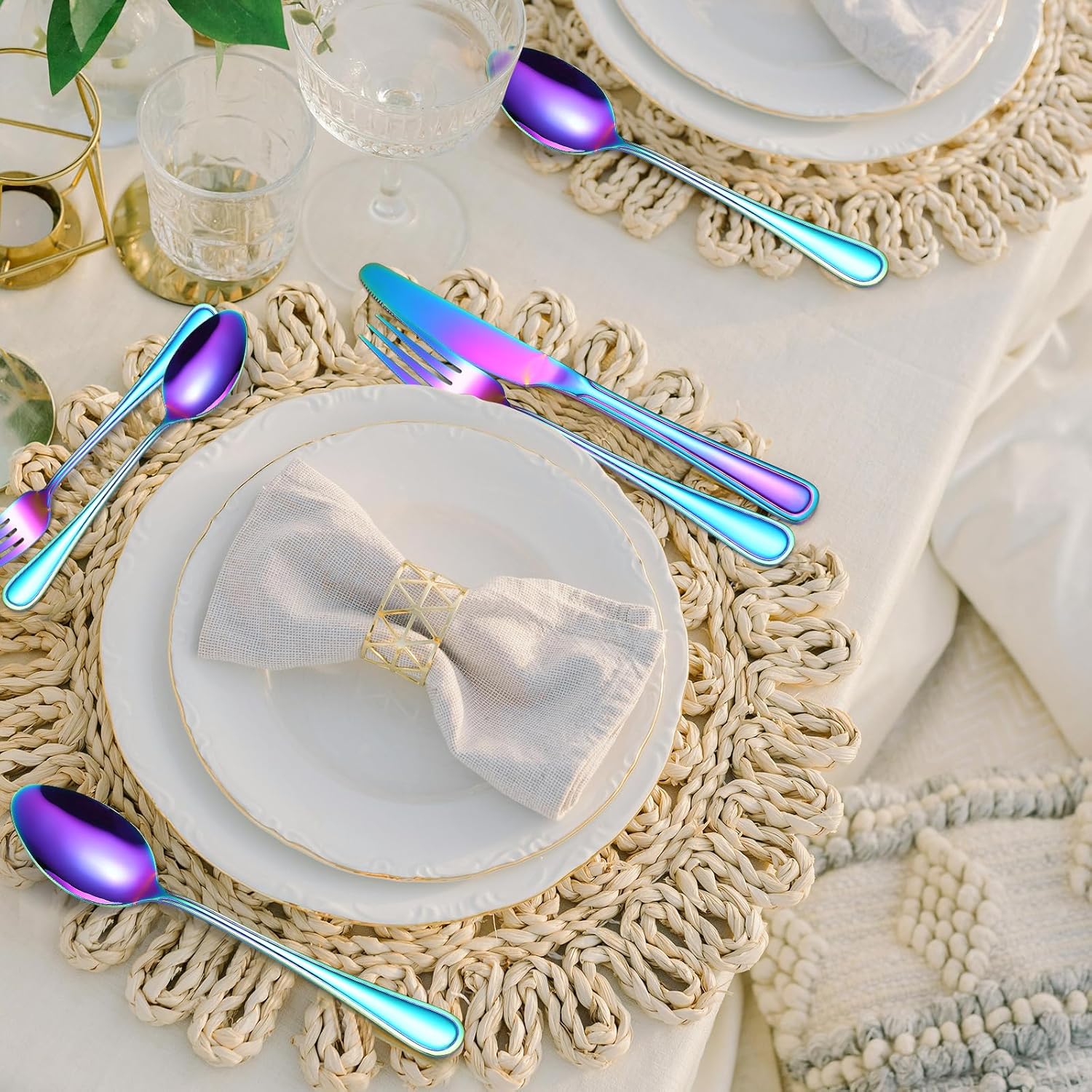 Colorful Forks Spoons Knives Silverware Rainbow Flatware Set for 4 Kitchen 20 Pieces Stainless Steel Cutlery Modern Eating Utensils Double Line Edges Handle