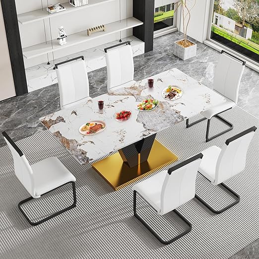 71" Dining Table Set for 6,Faux Marble Kitchen Table Chair