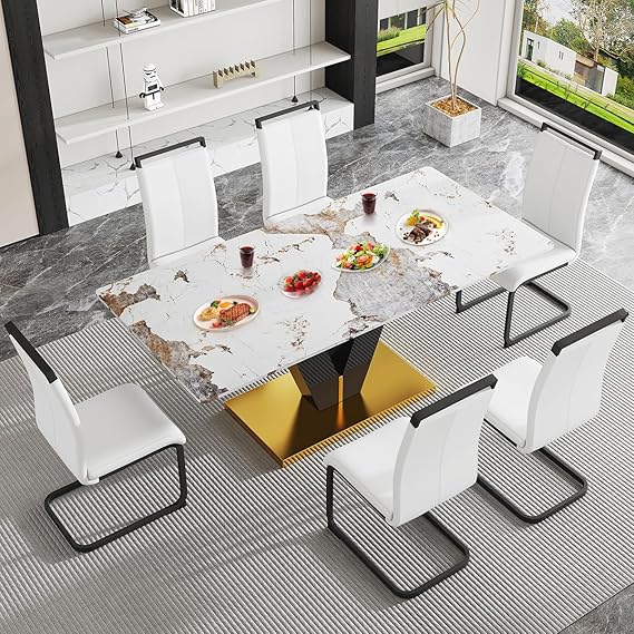 71" Dining Table Set for 6,Faux Marble Kitchen Table Chair