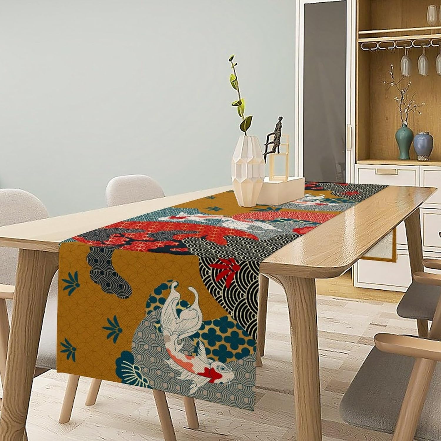 Japanese Koi Table Runner, Luxury Asian Style Oriental Line Art Abstract Geometry Cherry Blossoms Wave Traditional Elements Table Runner for Kitchen Home Party Dinner Set, 13x120 Inch