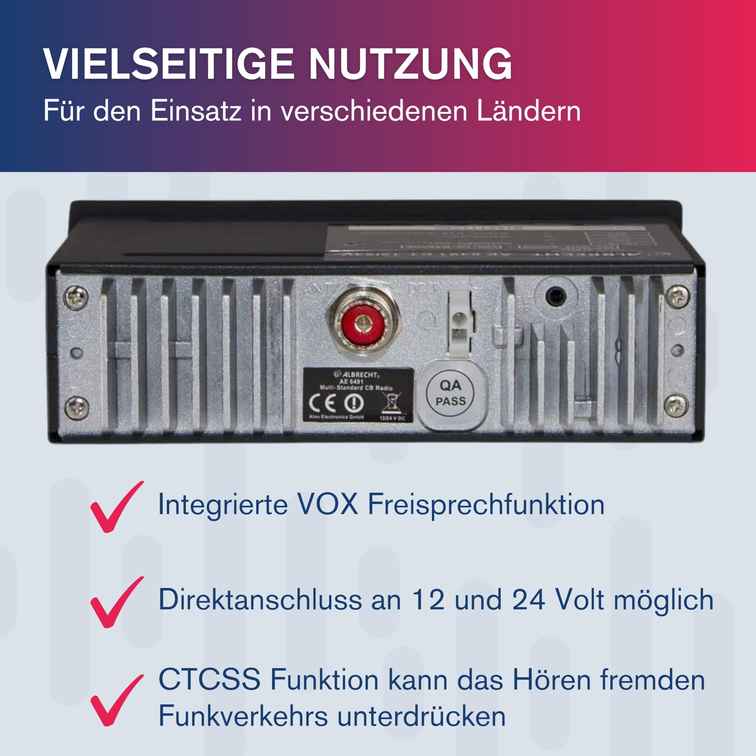 Albrecht AE6290 CB Funkgerät, 12629, mit integrierter Repeater/Relais Funktion, 12/24V, VOX, RJ-45 Westernstecker Schwarz