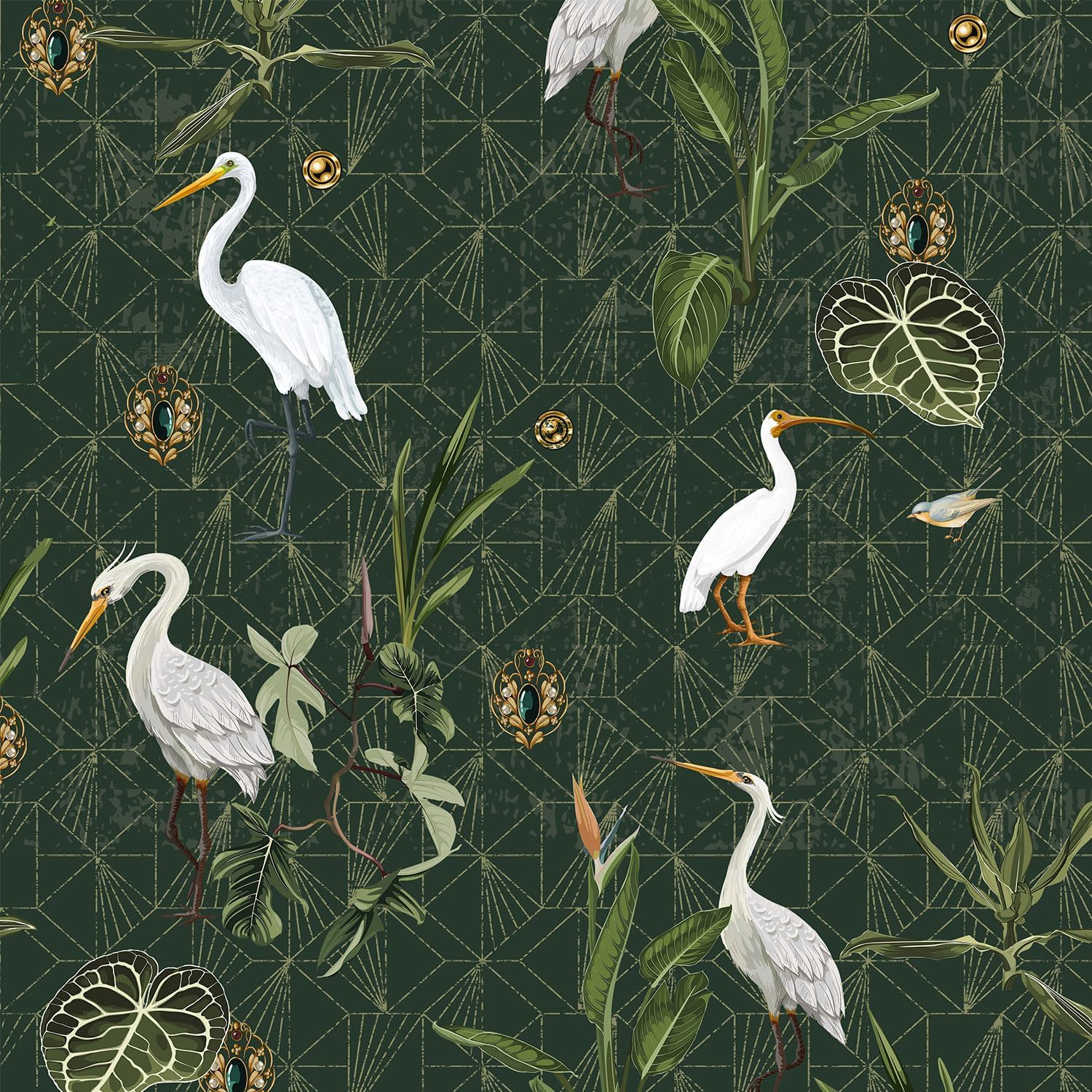 Egret Wallpaper Peel and Stick Textured Vintage Green Contact Paper White Crane Bird Plant Self Adhesive Wallpaper Boho Stick on Vinyl Roll Retro Removable Cabinet Drawer Decor 79 inch