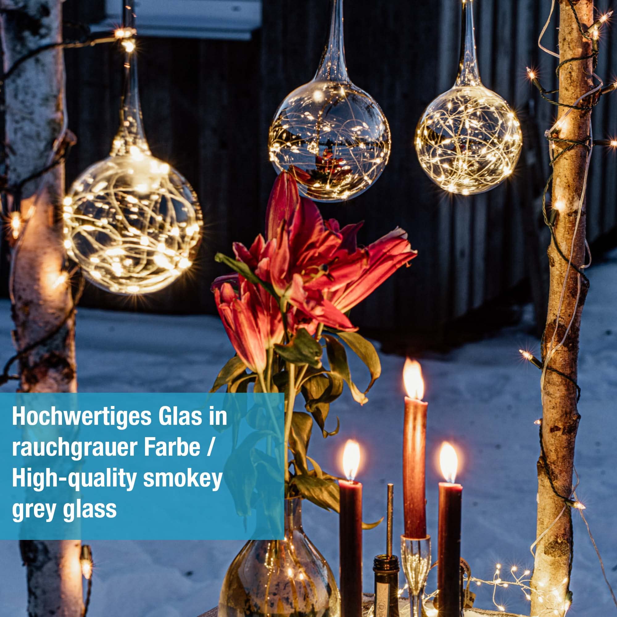 hellum LED Glaskugel hängend mit Lichterkette mit Timer und Fernbedienung, 3er set Glaskugel < 59lm, mit 3x30 warmweiße LED, rauchgraues Licht H40 ø13cm, 59 lm, Dekoration Licht, 578782 | Glaskugeln rauchgrau & Kupferdraht Tauperlen Licherkette 3x90 LED,