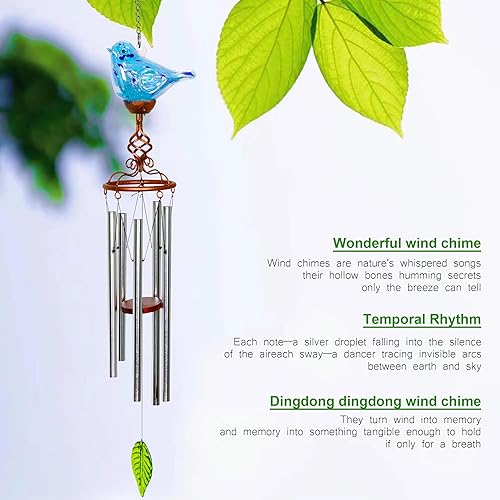 Miniatura 6 de Campanillas de viento, forma de pájaro de vidrio solar, LED, decoración de vidrio y metal para exteriores y patio, 7 x 4 x 44 pulgadas (azul claro)