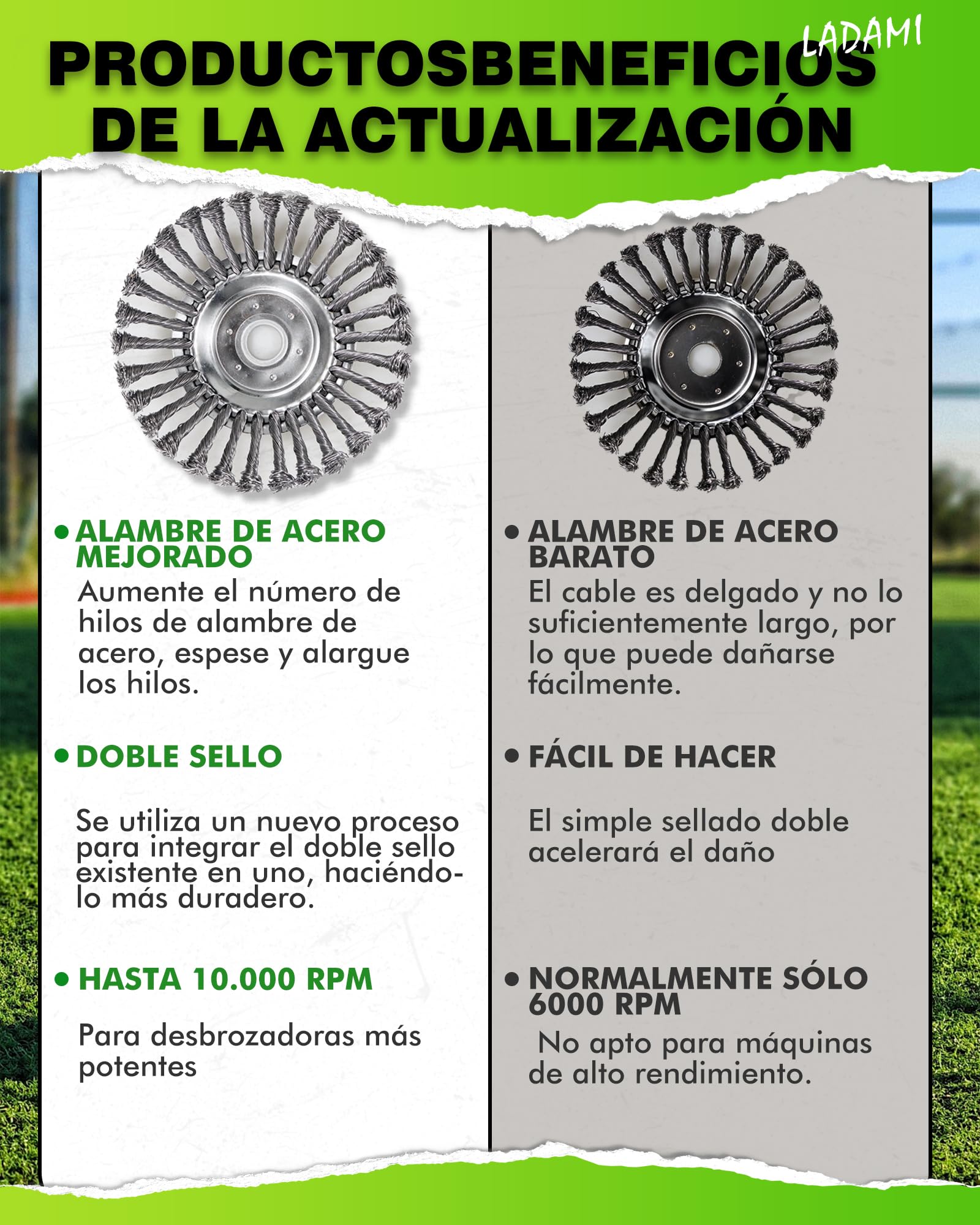 Cepillo para malas hierbas silvestres, 25,4 x 200 mm, alta estabilidad, muy resistente, montaje fácil, 2 unidades