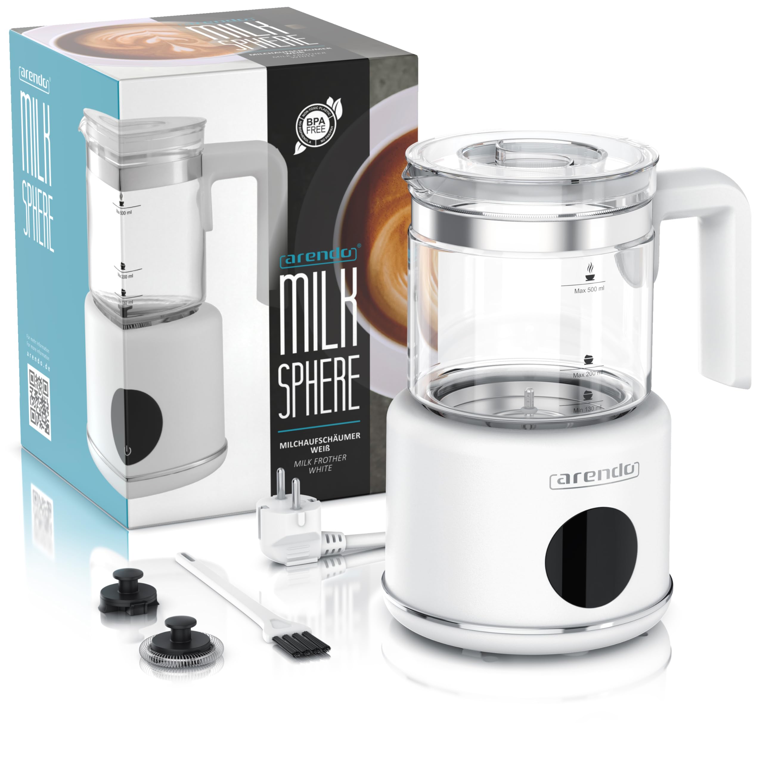 Arendo – Milchaufschäumer elektrisch – 600 Watt Heizelement – 500 ml – 6 Automatikprogramme – Milchschaum für heiß und kalt – 2 Einsätze – für Cappuccino Latte Macchiato heiße Schokolade