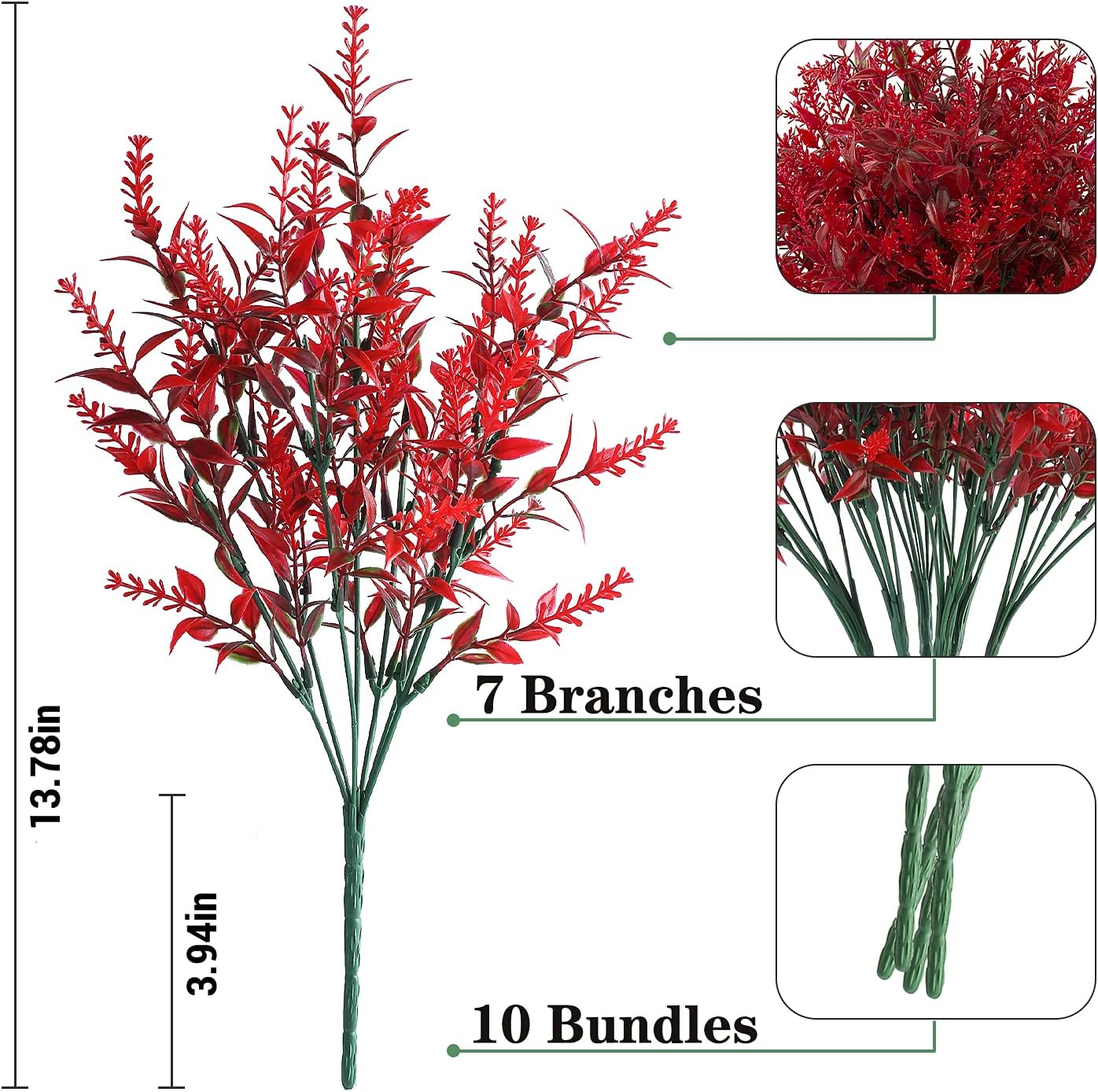 Artificial Outdoor Lavender Flowers,10 Bundles Artificial Outdoor UV Resistant Fake Flowers,Outside Plastic Faux Flower Shrubs for Indoor Outside Decorations(Red) - Image 2