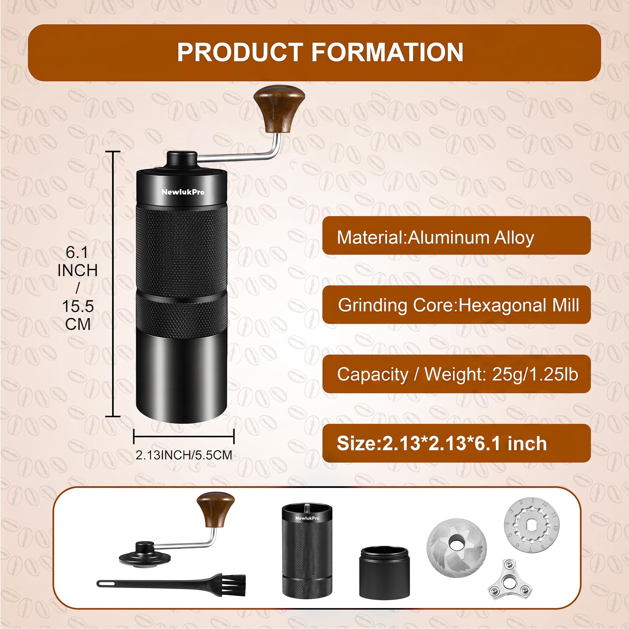 M6 Macinatore da Caffè Manuale Con 24 Impostazioni di Macinazione, Sharp Hexagonal Mill Core e Manico in Noce - Mini Portatile per Ufficio, Viaggi e Camping