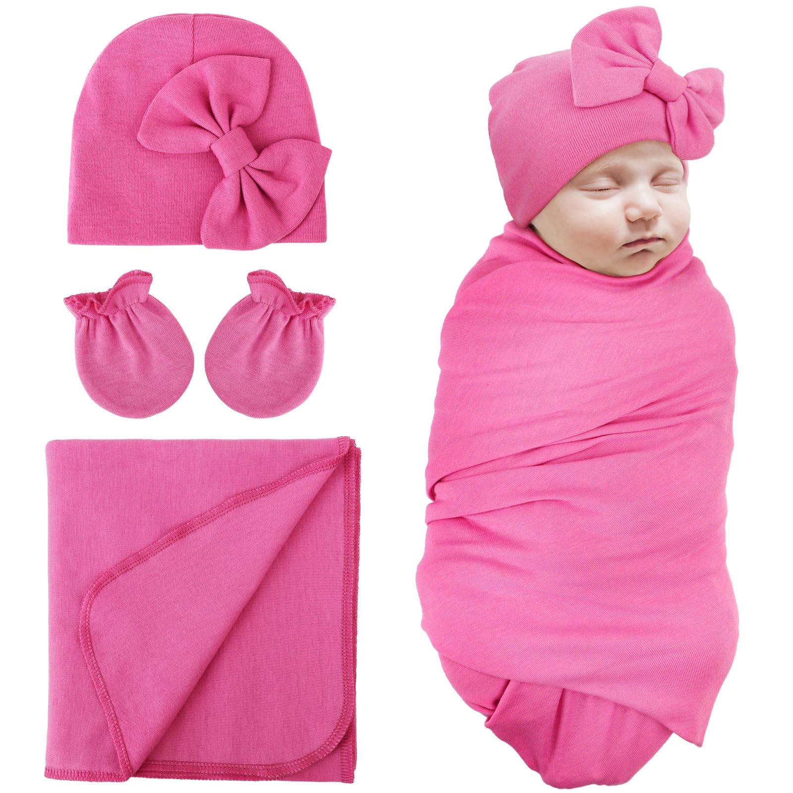 DRESHOW BQUBO Newborn Receiving Blanket Bow Hat Gloves Set Cotton Warm Baby Swaddle Blanket Wrap Baby Sleep Sack Shower Gift