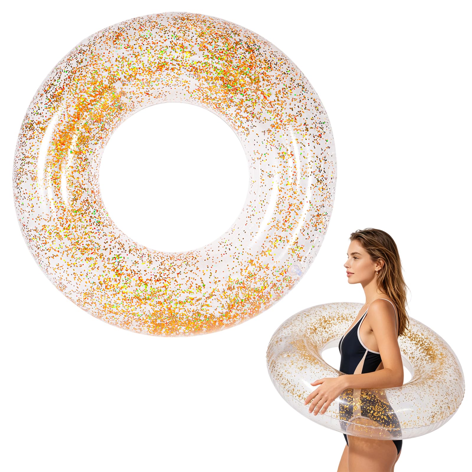 Swimming Ring for Adults,Inflatable Pool Floats Adult,Transparent Inflatable Floating Pool Swim Ring with Sequin,Clear Floating Ring,Inflatable Swimming Ring Tube for Summer Beach Pool Water Party