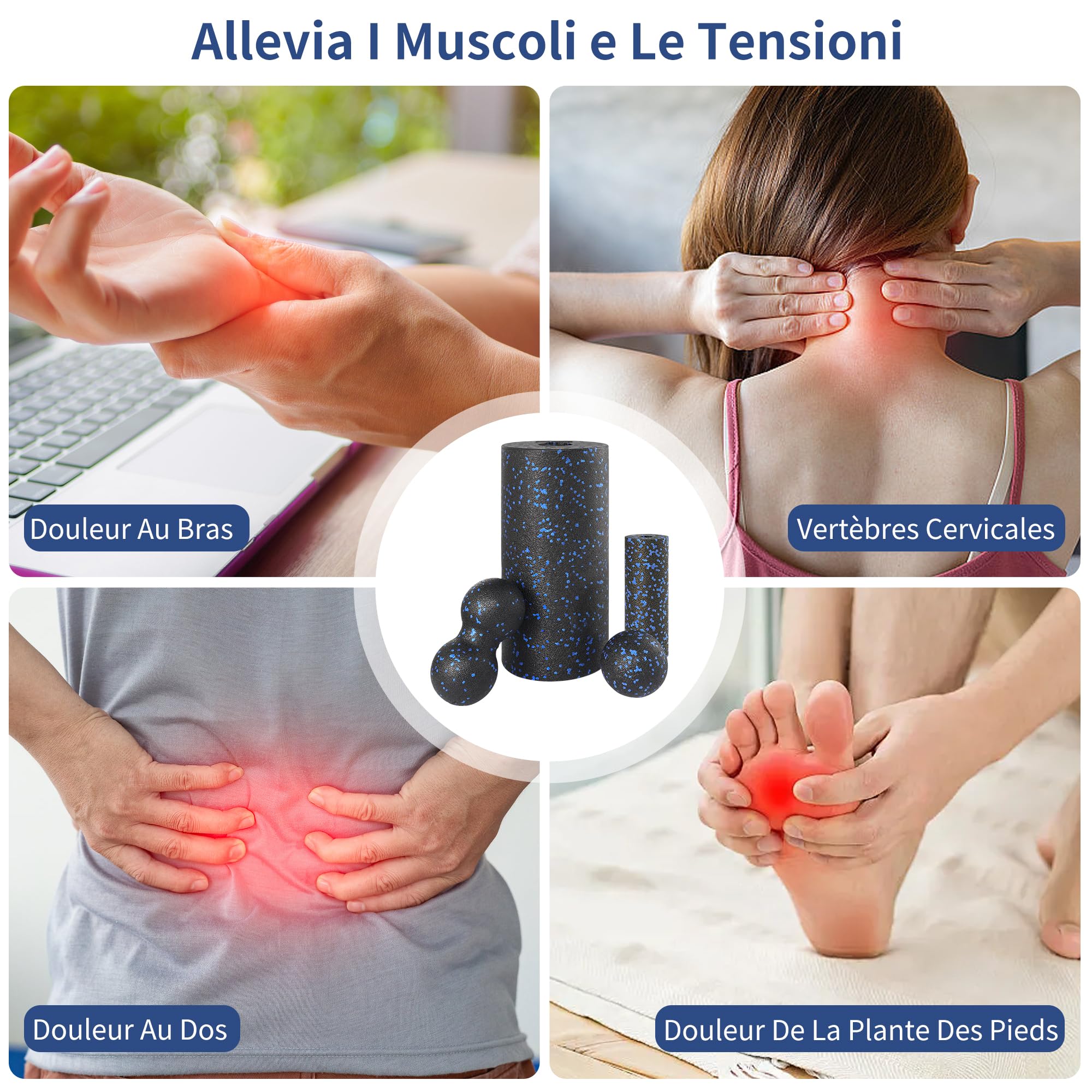 YC Kitchen Foam Roller Set di 4, Rilassamento Muscolare | Pezzi con Rulli Grandi e Piccoli, Doppia Palla Massaggio e Palla Singola,Borsa Trasporto Inclusa