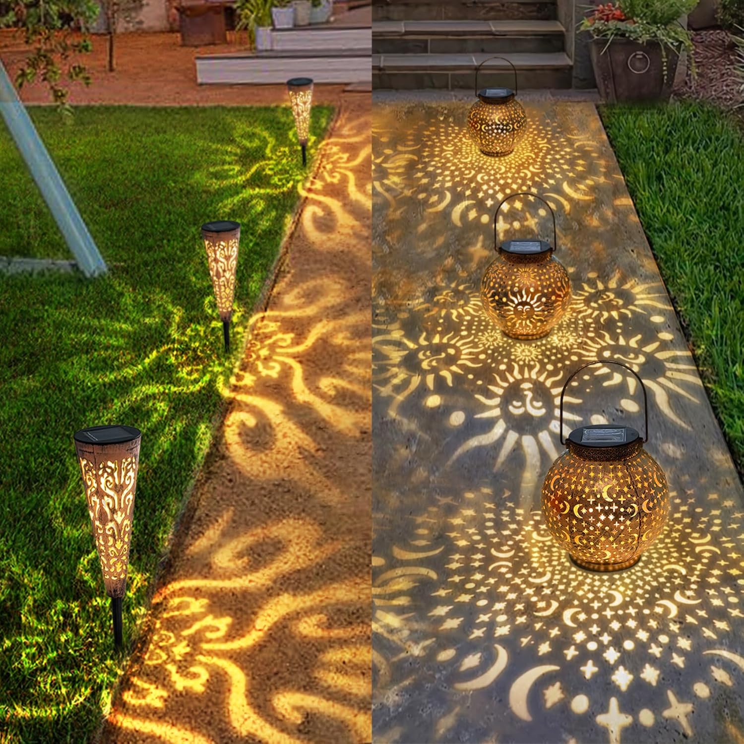 2Pack Moon Sun Solar Outdoor Lanterns + 6Pack Copper Solar Stakes Lights