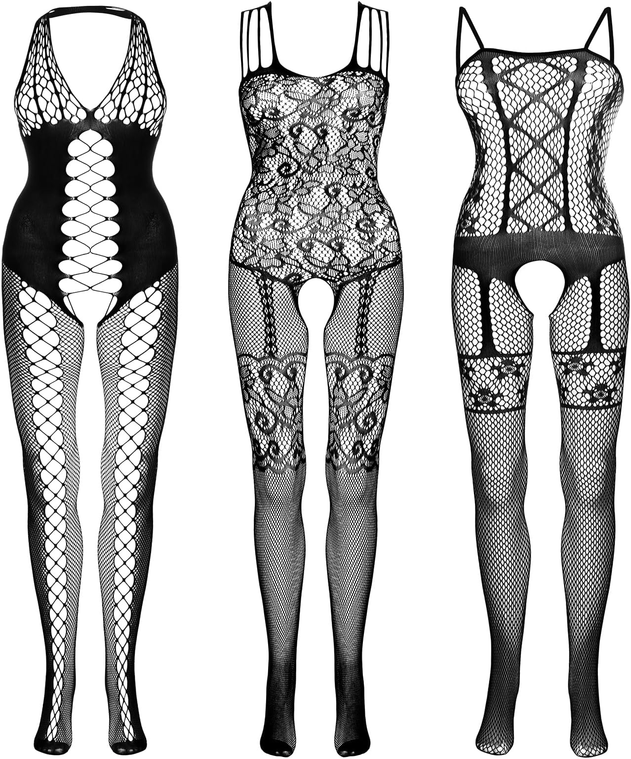 Fengek 3 Packs Women Fishnet Bodysuits, Stockings Sleepwear Lingerie for Couple Dating Nightwear, Black