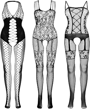 Fengek 3 Packs Women Fishnet Bodysuits, Stockings Sleepwear Lingerie for Couple Dating Nightwear, Black