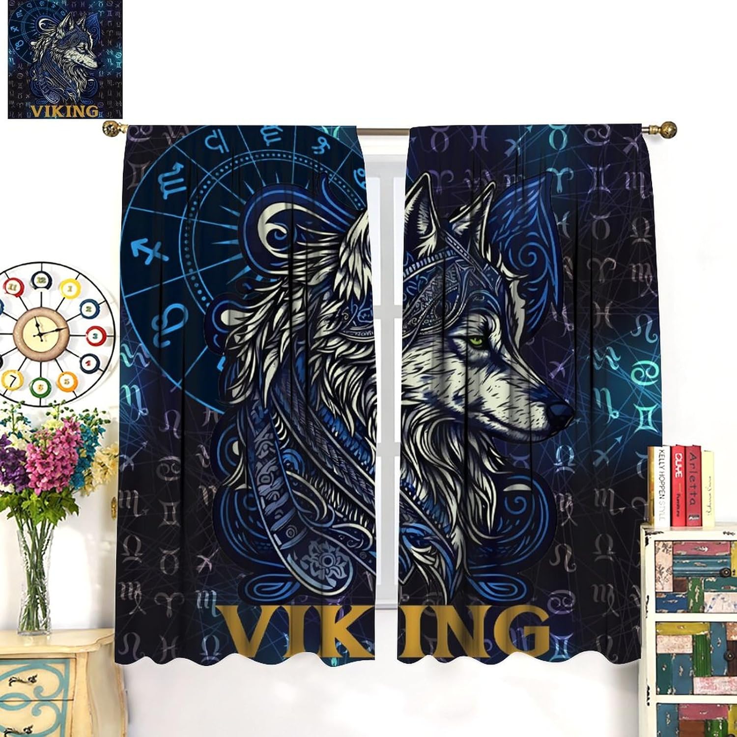 Viking Wolf Curtains Blue Rune Nordic Gothic Animal Curtains Dark Ancient Totem Mythological Pattern Printed Curtains Boys Bedroom Living Room Decoration Blackout Curtains W42 * L45 Inch