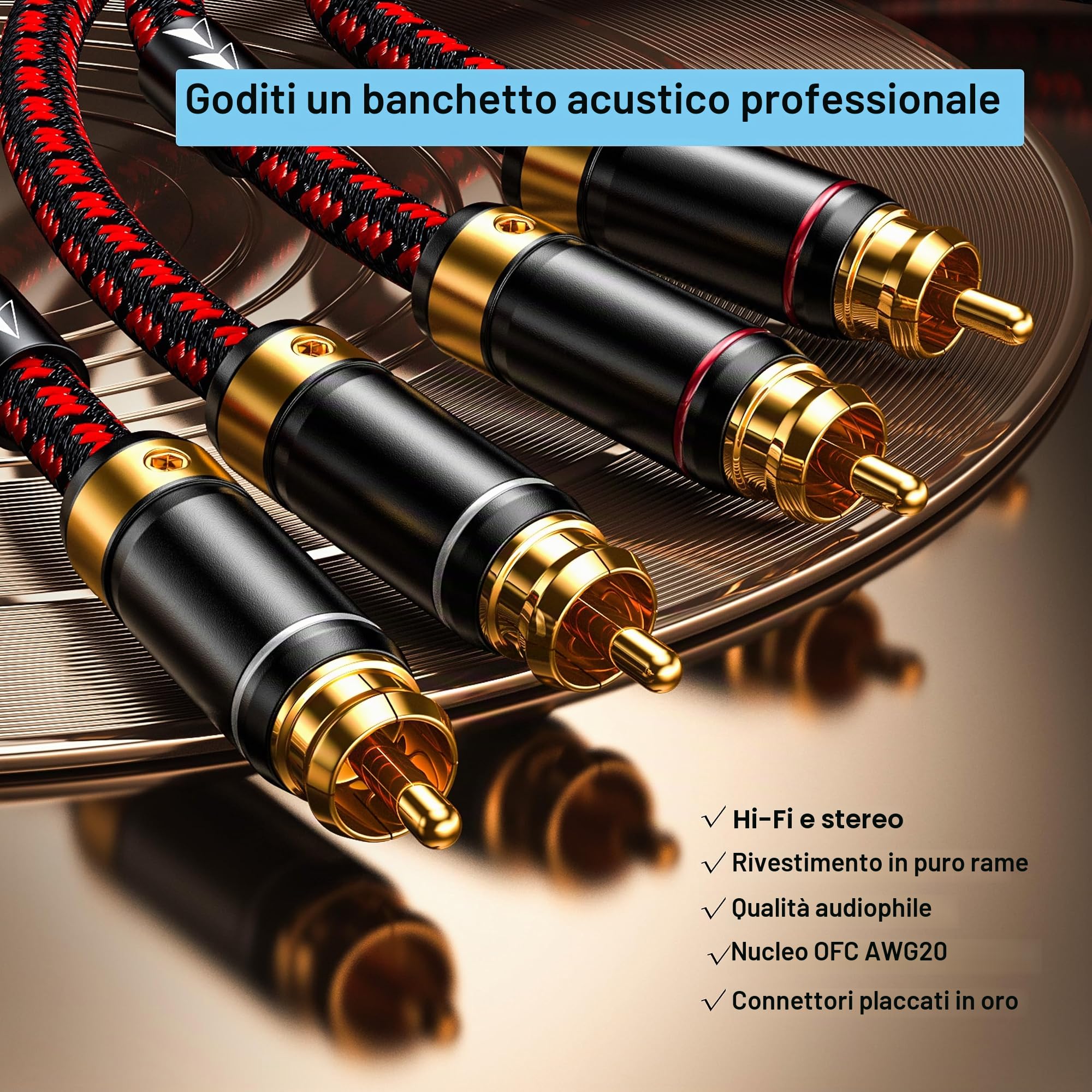 Auidophile, Cavo audio stereo per subwoofer da 2RCA maschio a 2 RCA maschio, Hi Fi, placcato oro 3U, nucleo in rame 4N privo di ossigeno, 1,5 metri