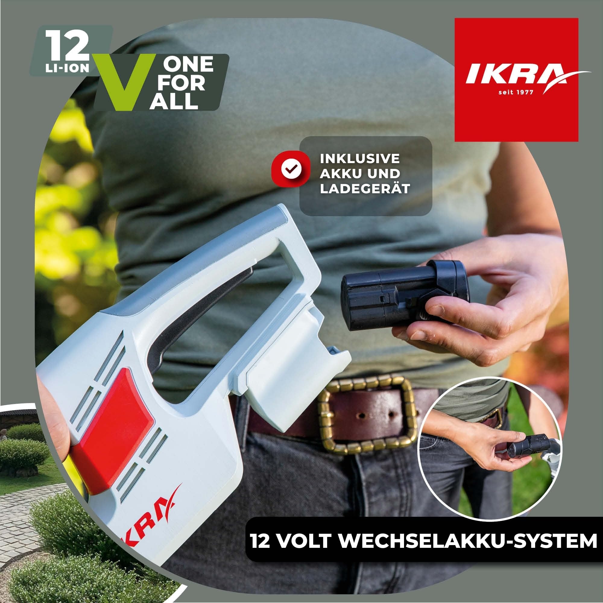 IKRA Heckenschere IAHS 1240 inkl. Akku, Ladegerät & Brille, nur 2kg | Messer mit Aluschiene und Anschlagschutz, Schnittlänge 41 cm, Schnittstärke 14 mm, kompatibel mit IKRA 12V Akku-Familie