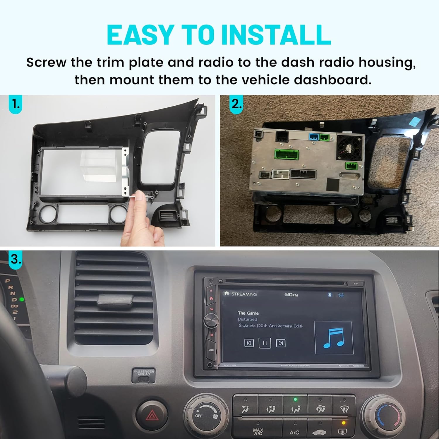 NuIth Double DIN Radio Dash Kits W/Radio Wire Antenna Plug for 2006-2011 Honda Civic 2Din Stereo Mount Housing Bracket W/Passenger Airbag Button, Civic Trim Bezel Kit Installation Aftermarket Stereo