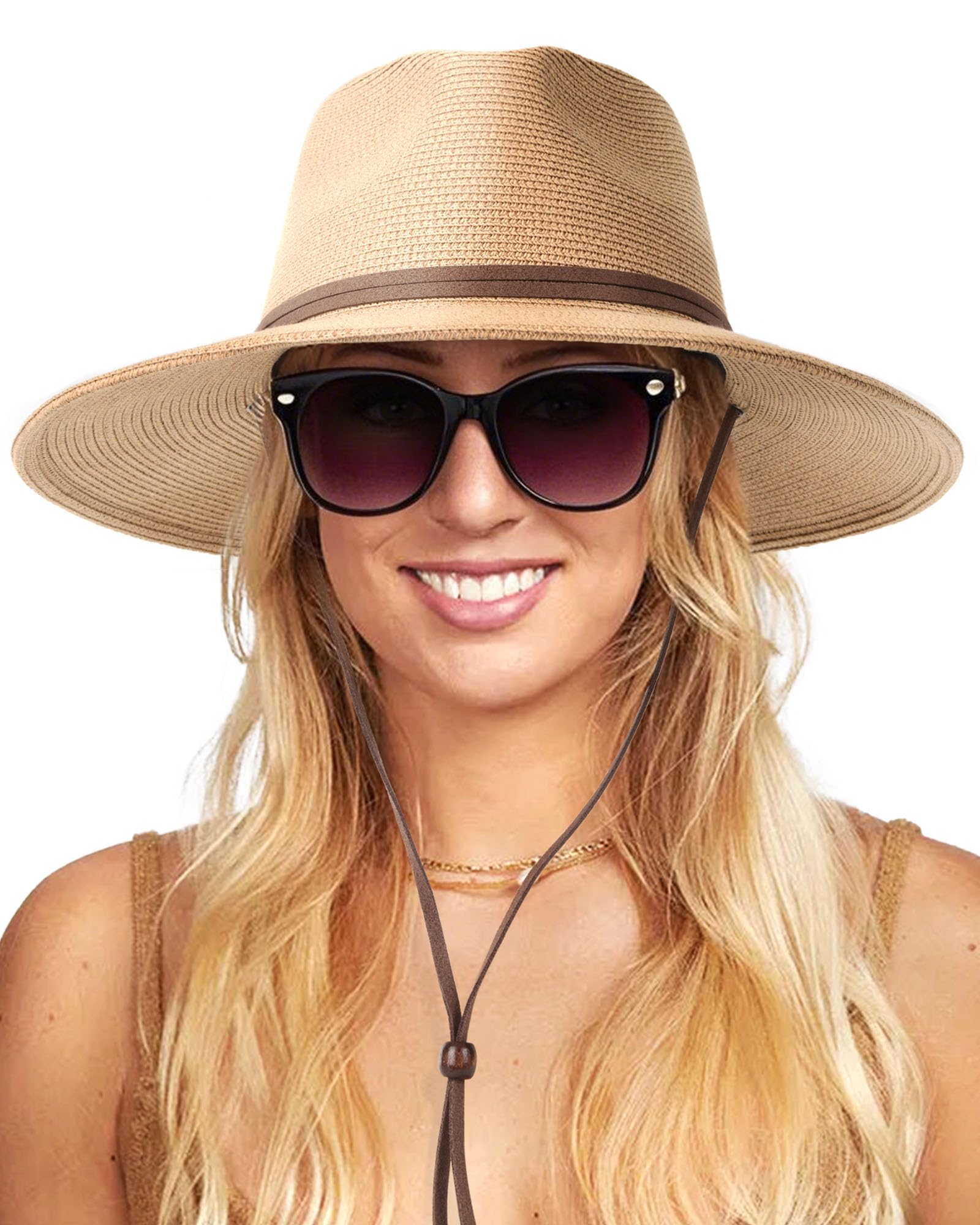 FURTALK Womens Sun Hat Summer Straw Beach Hats UPF 80+ Wide Brim Panama Fedora Hats with Wind Lanyard