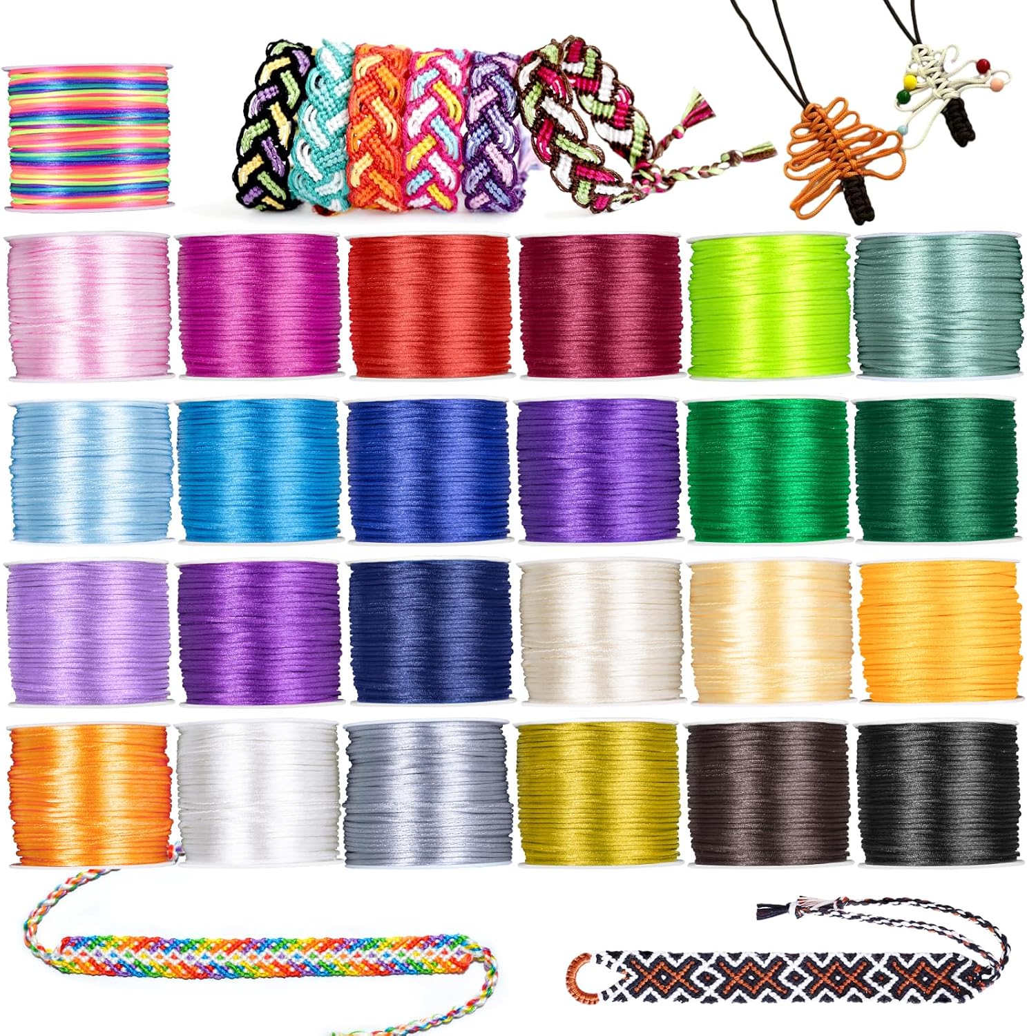 Nylon String for Bracelets, 25 Bright Color Shiny Nylon Cord, 1.5 mm Strong HTVRONT Satin Silk Cord for Kumihimo, Necklaces, Keychains Lanyards, Knotting, Beading, Macrame, Jewelry Making
