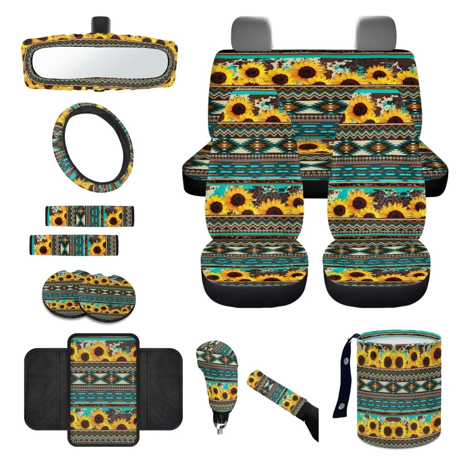 Wanyint Aztec - Set di 14 coprisedili per auto, con coprivolante, copertura per cintura di sicurezza, copertura per bracciolo, specchietto retrovisore, sottobicchiere, pomello del cambio, adatto per