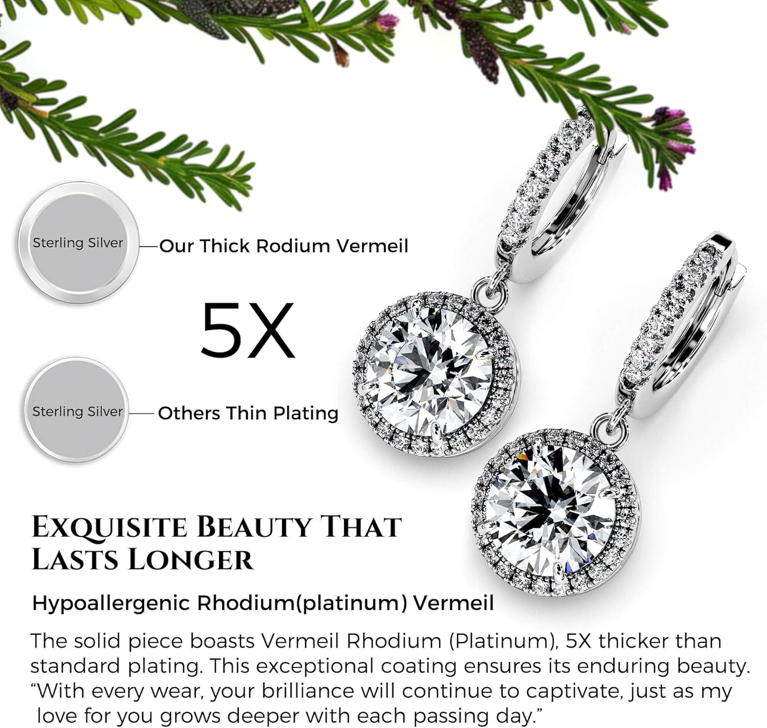 Moissanite Diamond Drop Earrings for Women Halo Solitaire S925 Rodium Vermeil Sterling Silver Dangle for Wife Girlfriend Mom Gifts for Her Daughter on Birthday Wedding Anniversary - Image 6