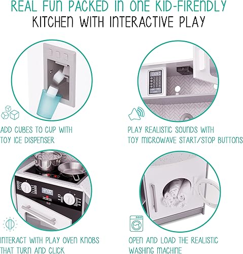 Miniatura 4 de Lil' Jumbl Juego de cocina de esquina para niños, cocina de lujo de madera de simulación, máquina de hielo a pilas, estufa y grifo con sonido