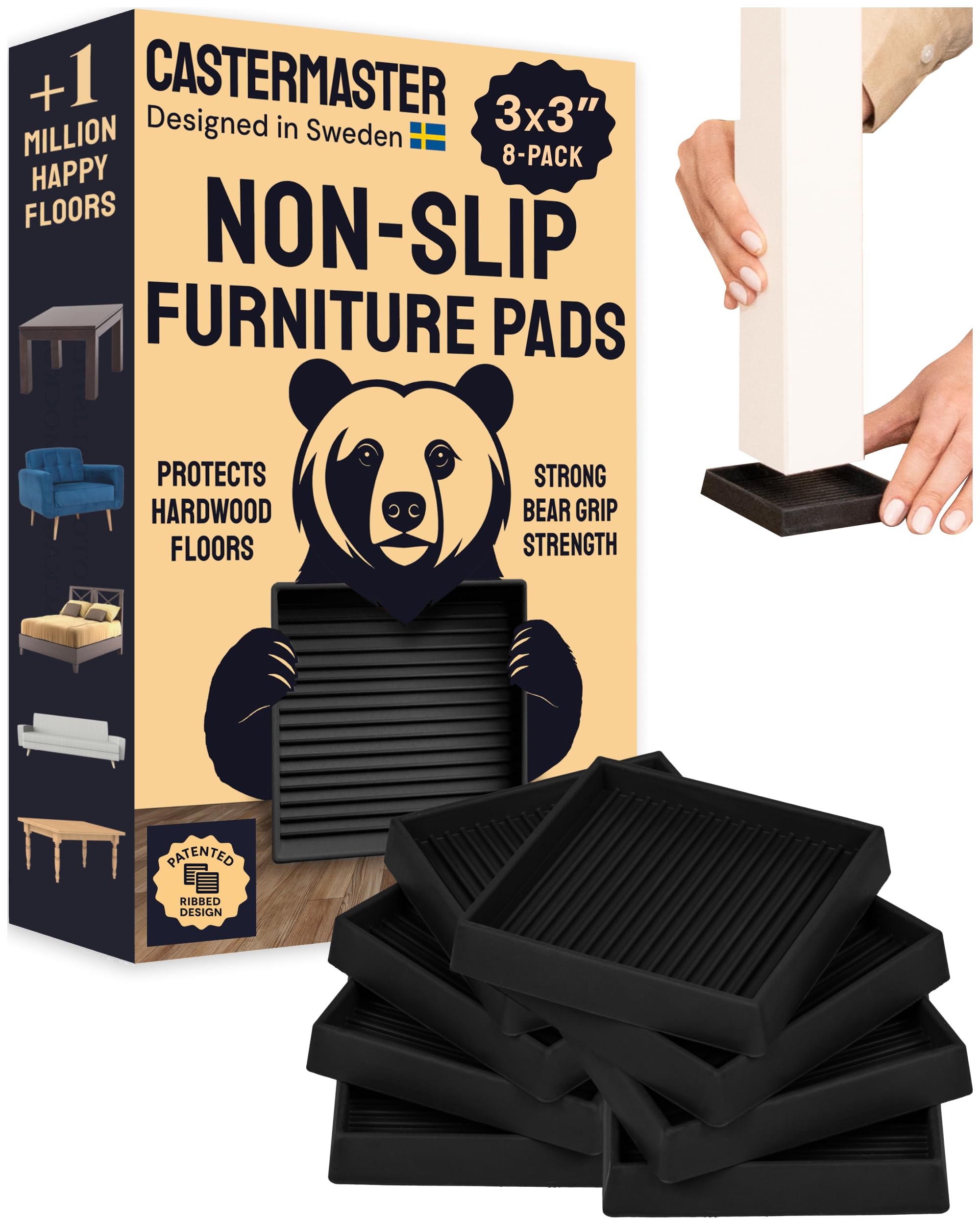 CasterMaster Square Non-Slip Furniture Pads - 3 in x 3 in, Pack of 8, Black - Stoppers to Prevent Sliding - Floor Protectors for Furniture - Noise Reduction & Caster Cups for Vinyl Floors