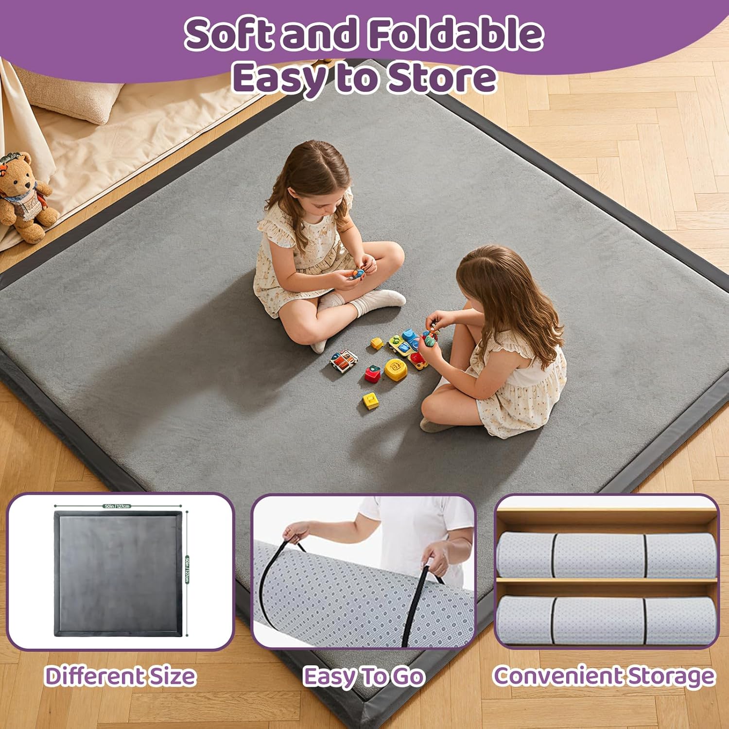Baby Play Mat for Floor, 1.3 Inch Thick Memory Foam Tummy Time Mat with Non Slip Backing, Soft Coral Velvet 71X79 Inch Playpen Mat Crawling Tatami for Infants Toddlers Kids, Dark Gray