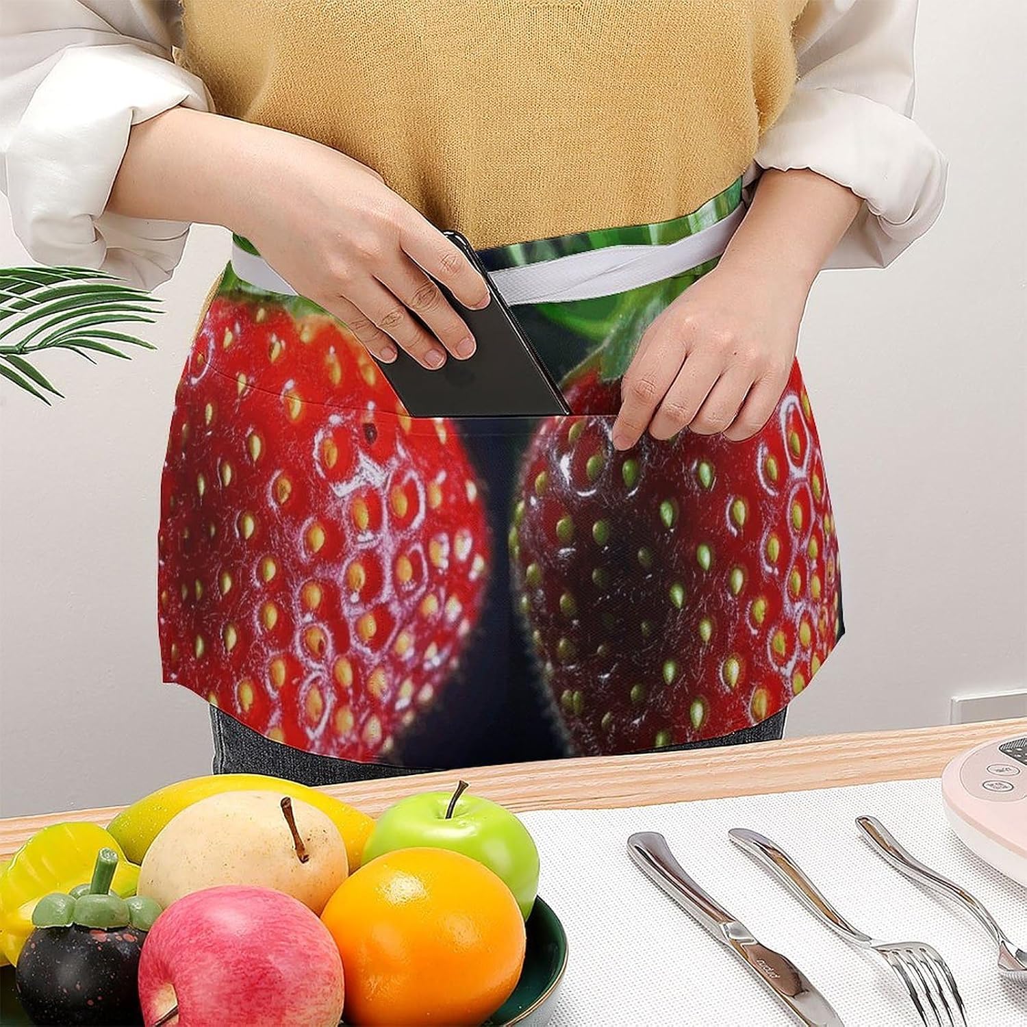 Two Strawberries Waist Apron with Pocket Waterdrop Resistant Kitchen Cooking Apron Half Bistro Server Aprons Adjustable Chef Aprons for Women Men, 23.6 X 11.8 Inch