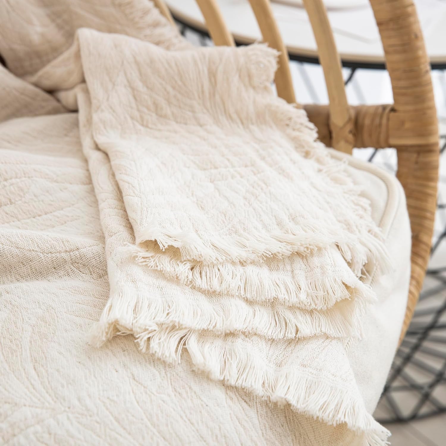 100% Cotton 6 Layers Muslin Throw Blanket, Boho Jacquard Leaf Pattern Gauze Blanket with Fringed, Super Soft Lightweight Reversible Sofa Couch Cover for All Season(Beige, 51" x 67")