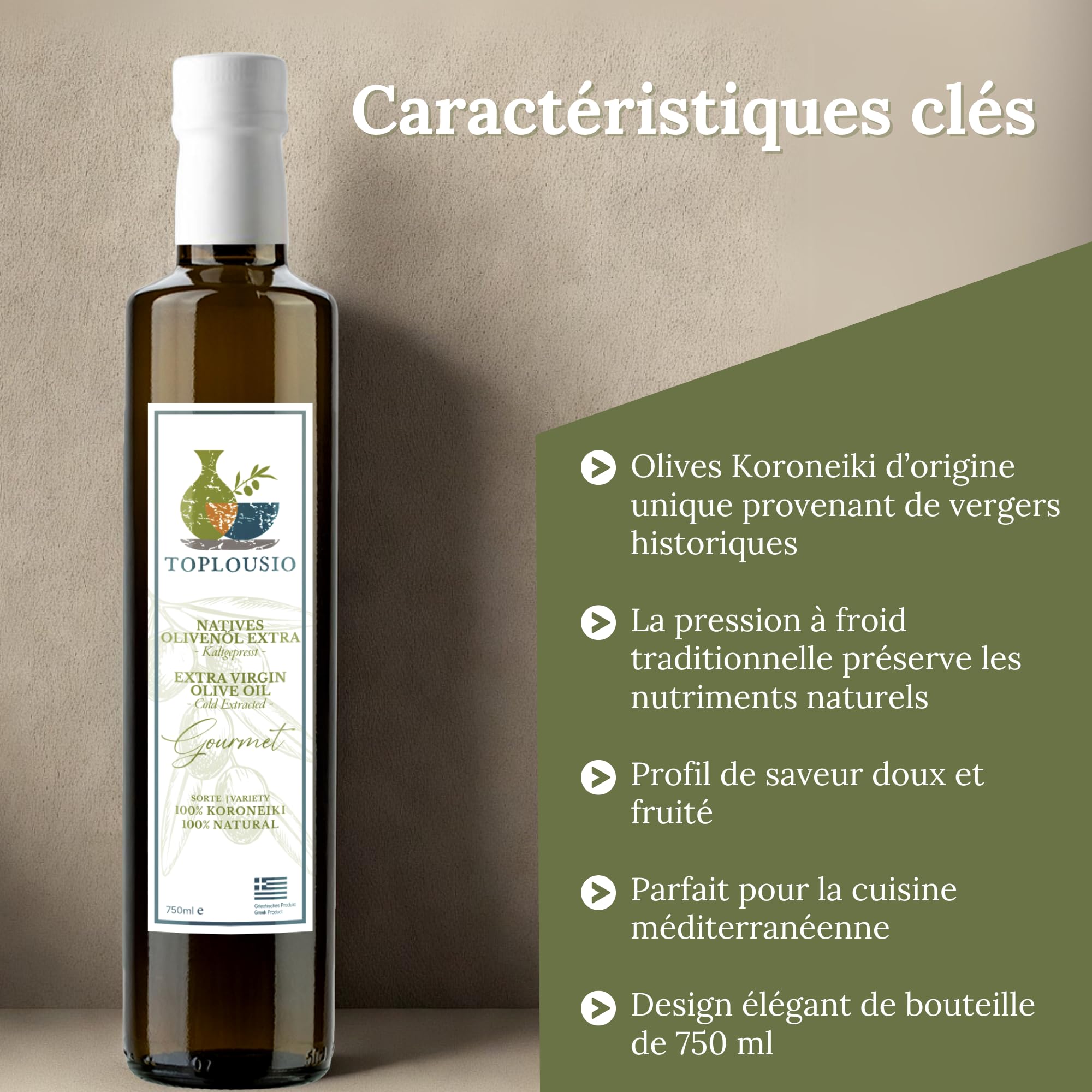 TOPLOUSIO Huile d’Olive Vierge Extra 750 ml 100% Koroneiki de Grèce, Pressée à Froid, Goût Fruité & Doux – Origine Ancienne Olympie – Parfaite pour Salades, Pâtes & Cuisine Méditerranéenne
